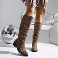 Brown women's leopard print square toe boots with chunky heel and high shaft design