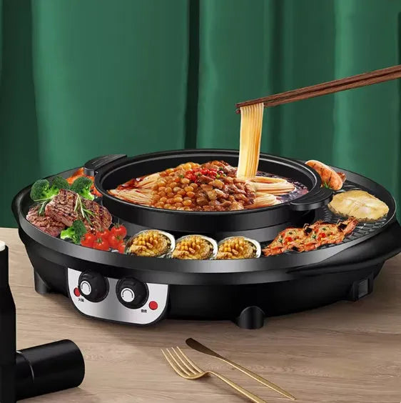 Hot pot barbecue all-in-one electric cooker with 5L capacity and barbecue plate in Reunion Roast Black finish