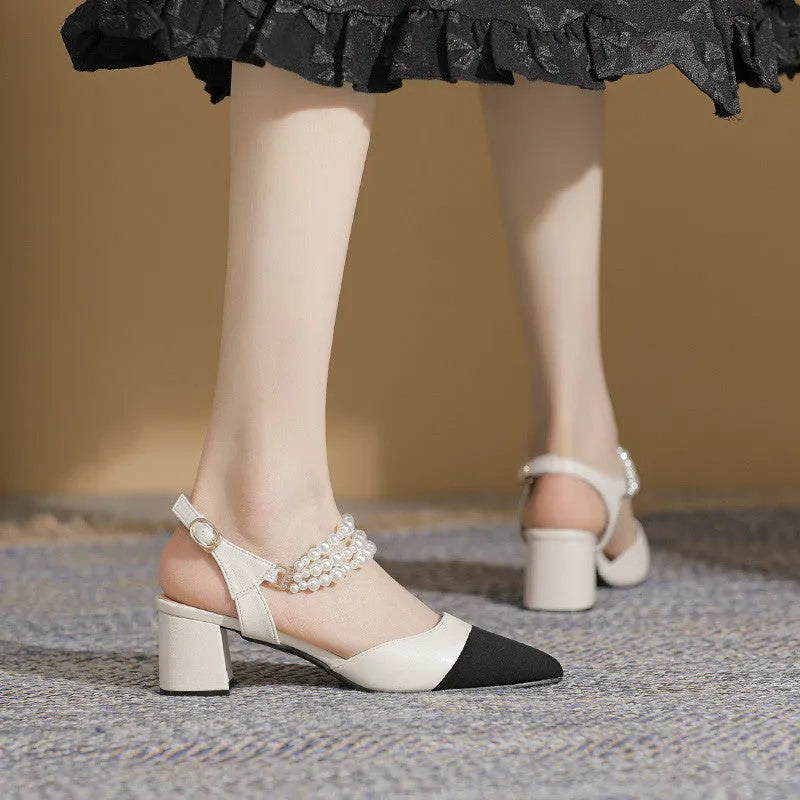 Pointed toe chunky heel sandals with buckle and pearl detail in black - women's plus size option