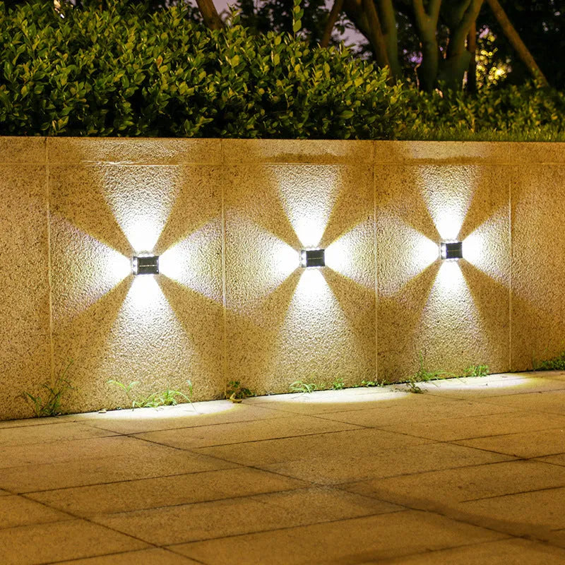 Solar outdoor wall lamp with convex mirror, IP65 rated, 85mm x 24mm, available in 10LED to 16LED warm or white light.