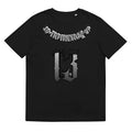 Men's black casual T-shirt with a 3D digital print design on the front, featuring short sleeves and a round neck.