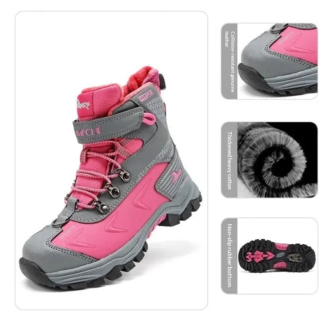 Winter anti-slip snow boots for older children with Velcro closure and cow suede upper in army green