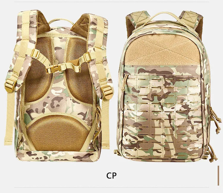 Camouflage 600D polyester outdoor hiking backpack with ergonomic shoulder straps