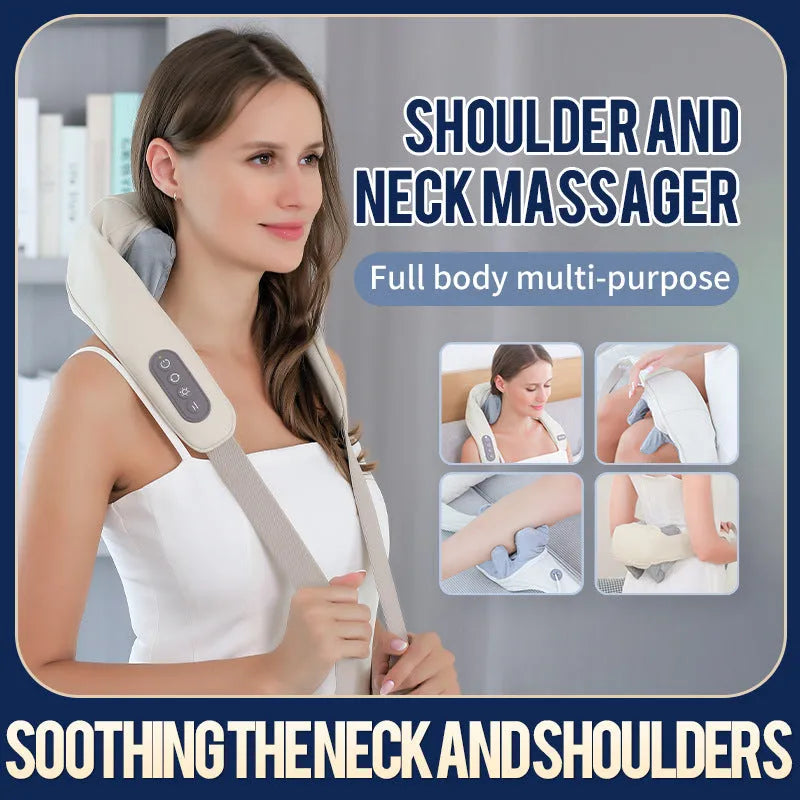 Beige and grey electric clip massage shawl neck massager with PU leather cover, 3 speeds and 10-minute timer