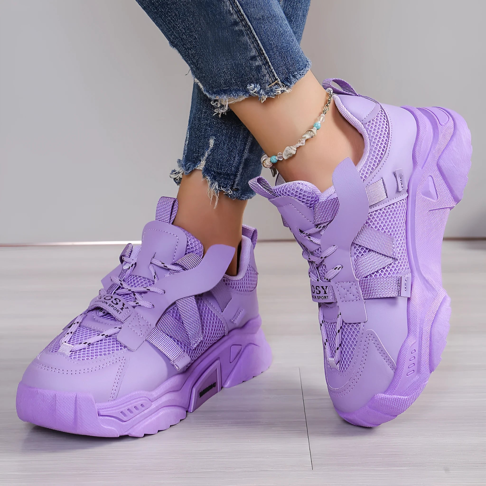 Women's platform mesh dad shoes in purple, green, white, pink, or yellow with front lace-up fastening