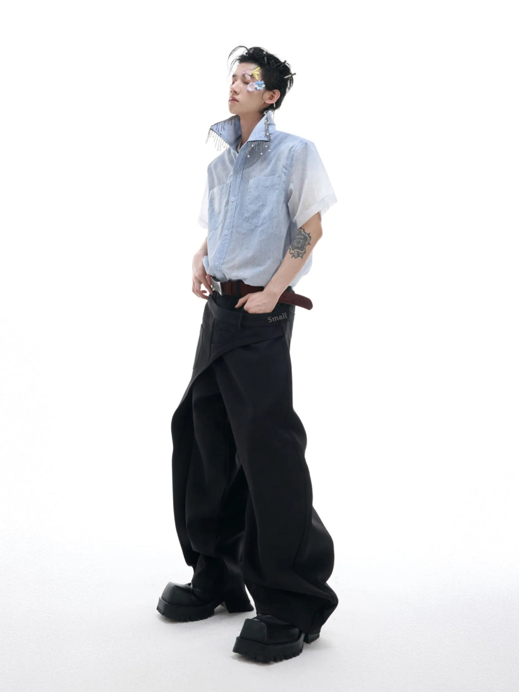 Blue and white gradient loose fit short sleeve shirt on a hanger