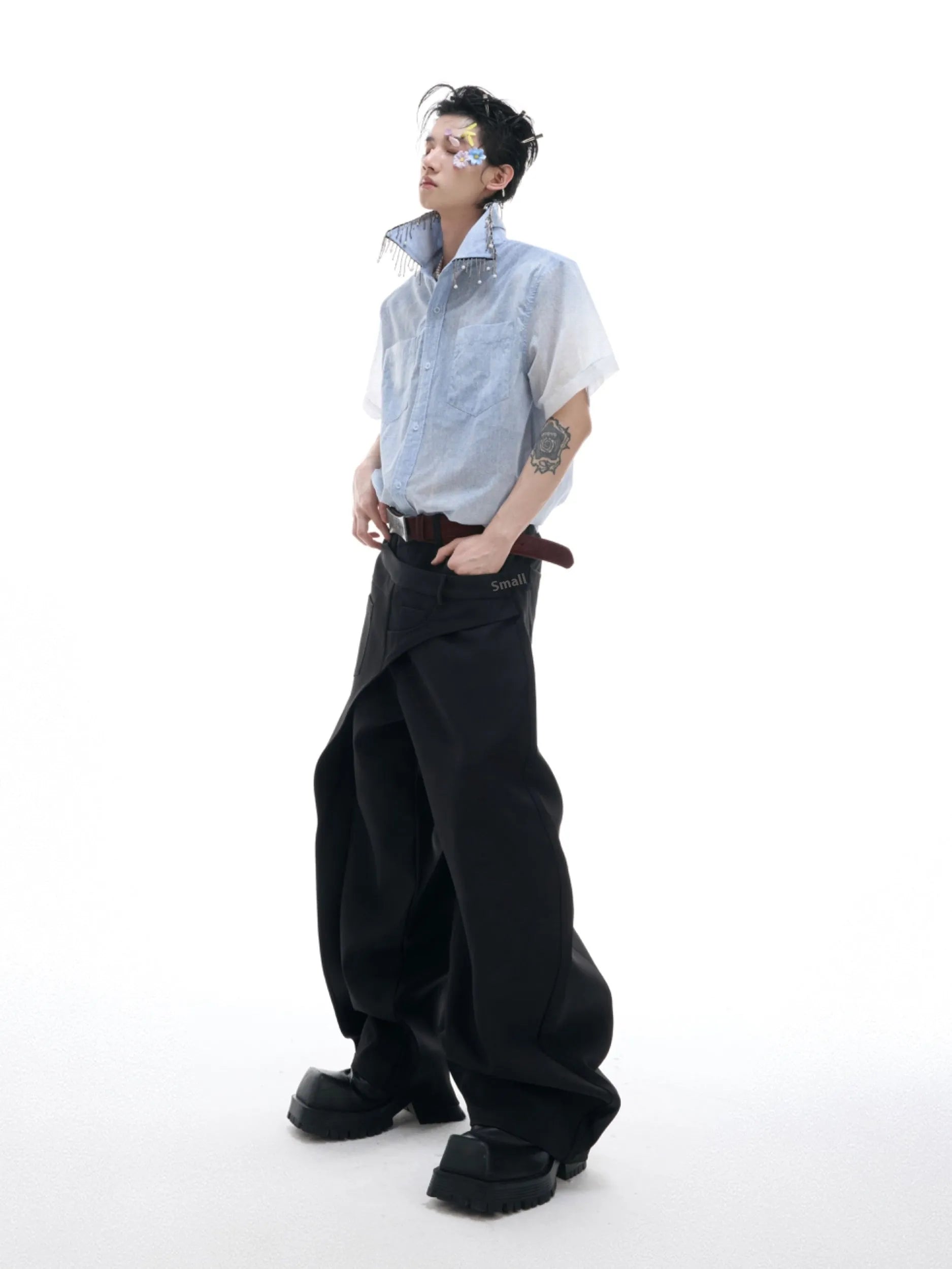 Blue and white gradient loose fit short sleeve shirt on a hanger