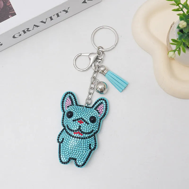French dog rhinestone keychain pendant with animal design and tassel attachment