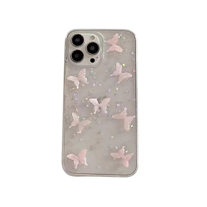Butterfly pink ins style phone case with transparent TPU soft shell and 3D butterfly design for iPhone.