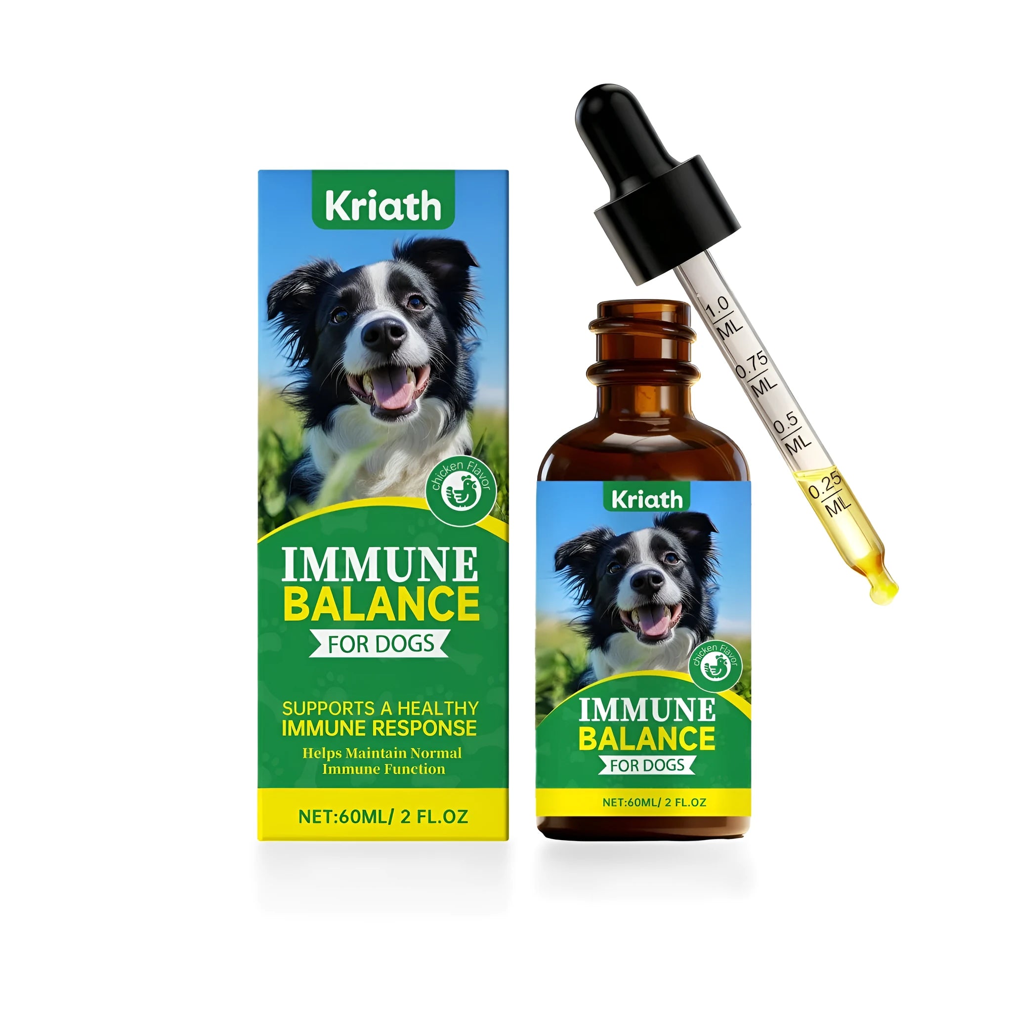 Immune Health Drops For Dogs 60ml bottle with chicken flavour and prebiotic supplement