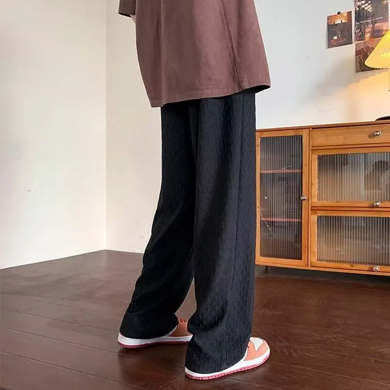 Men's jacquard rhombus draped pants in black, straight leg, long trousers with non-ironing finish