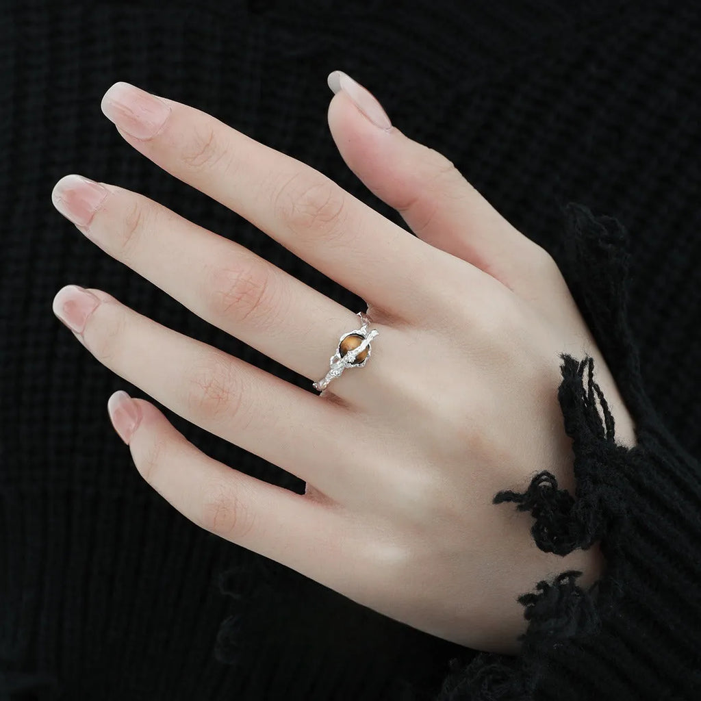 Saturn tigereye open ring for women with adjustable opening and white gold electroplated finish