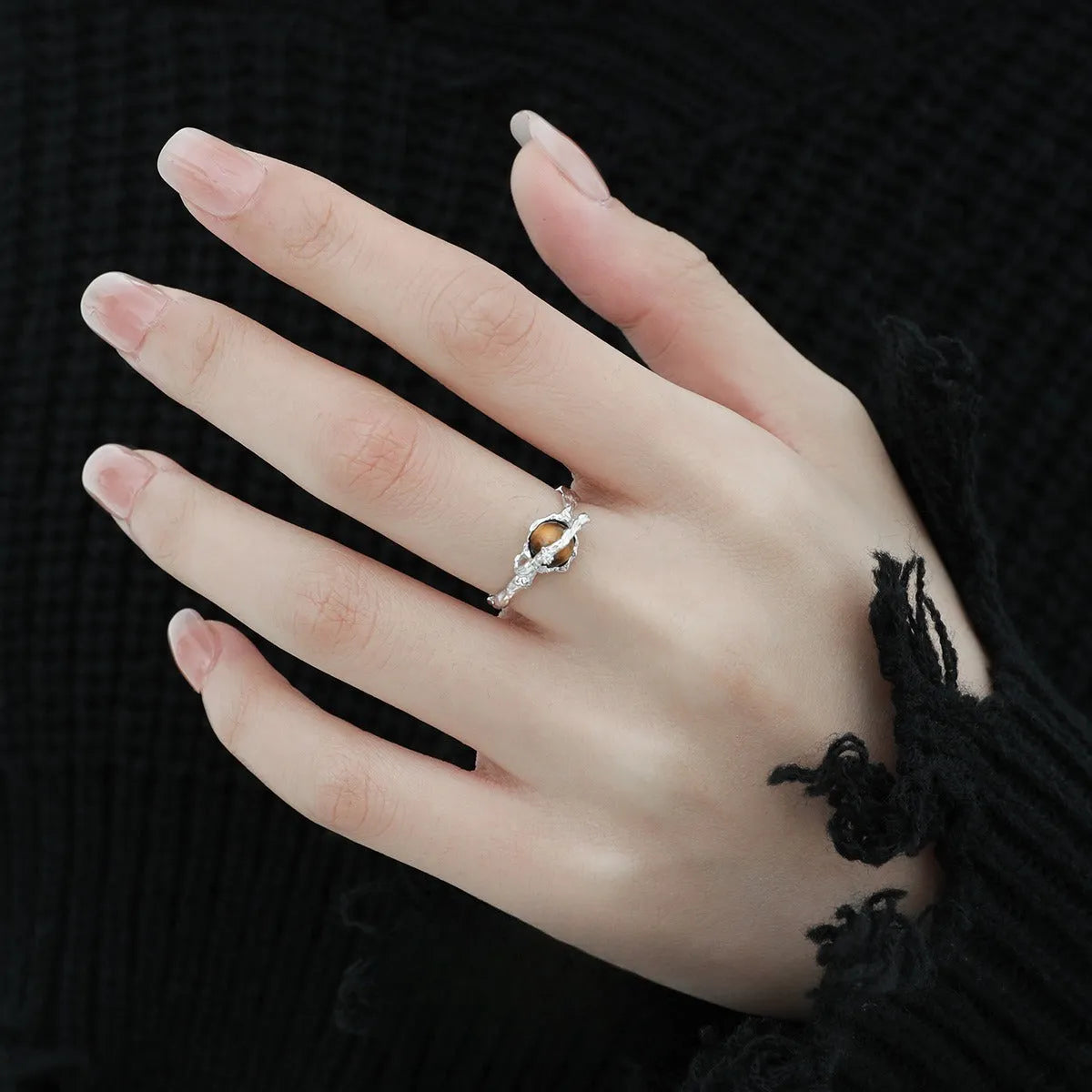 Saturn tigereye open ring for women with adjustable opening and white gold electroplated finish