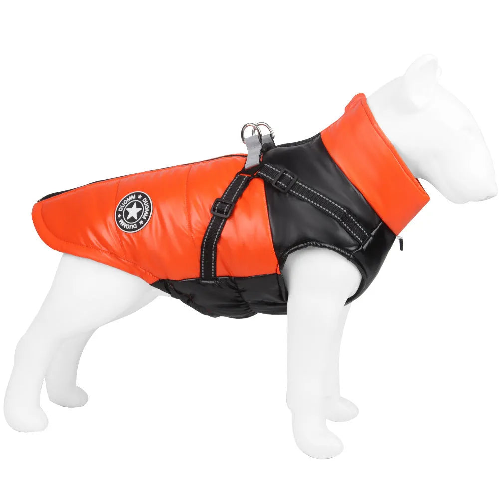Windproof warm reflective dog coat cotton pet clothing in black on a white background