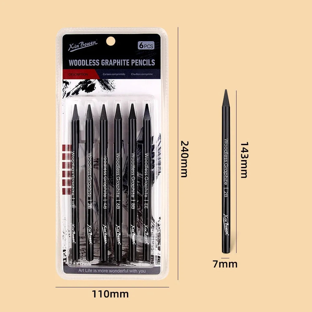 Set of six wood-free graphite sketching pencils in grades HB, 2B, 4B, 6B, 8B, and EE