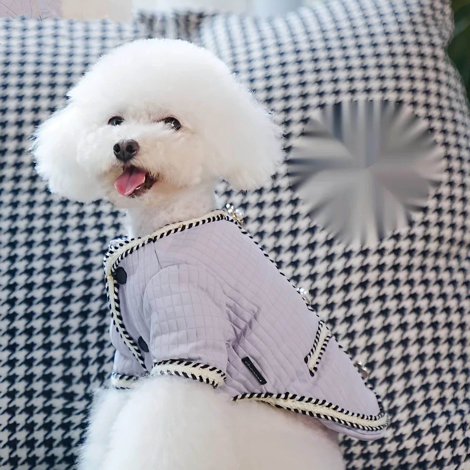 Cartoon print quilted dog coat in light purple colour for autumn and winter warmth