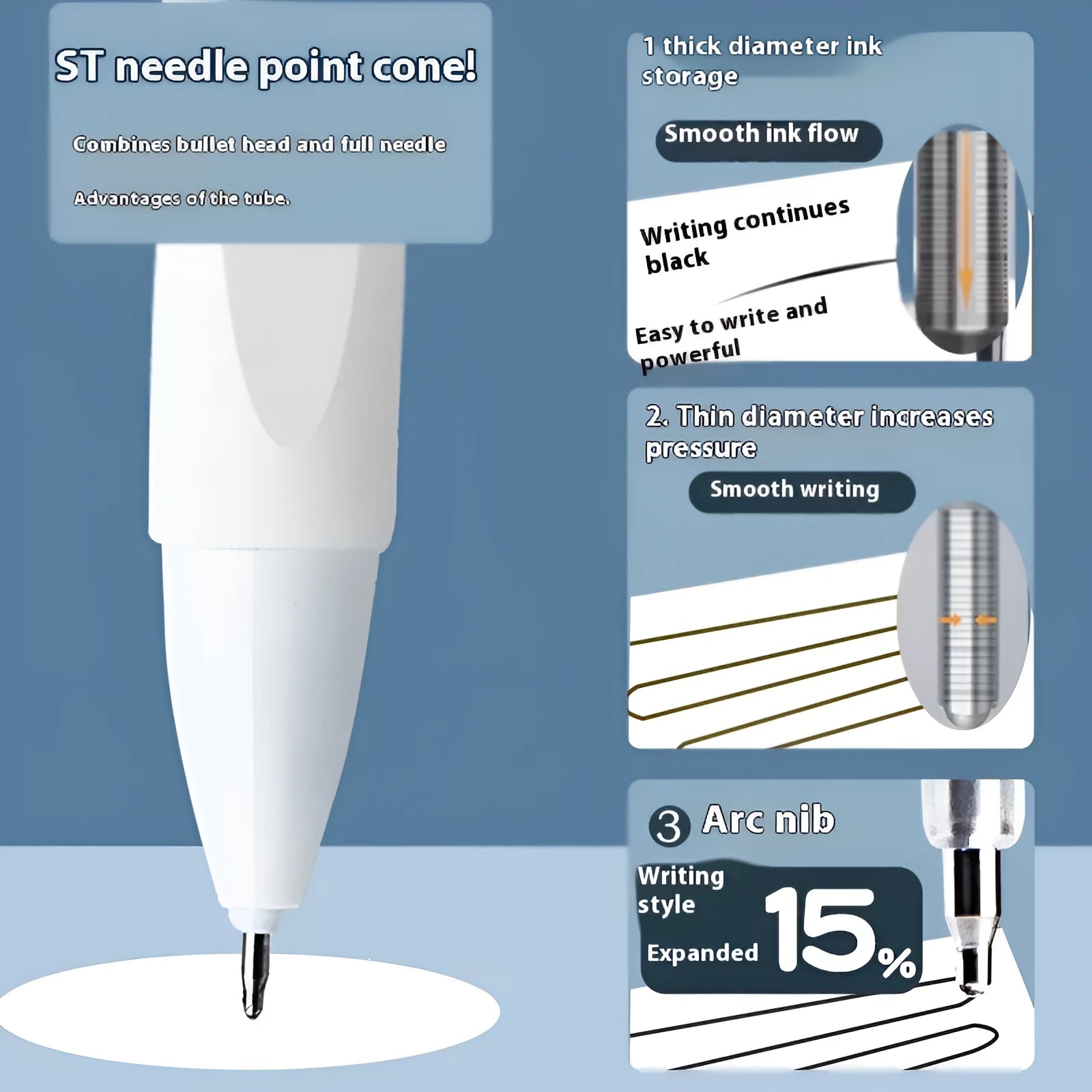 Four bullet-shaped ballpoint pen refills with quick-dry ink in black, blue, red, and ink blue colours.
