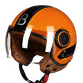 Retro-style battery car half helmet in bright blue and red colour scheme with ABS plastic construction