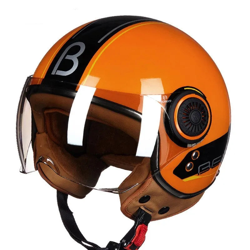 Retro-style battery car half helmet in bright blue and red colour scheme with ABS plastic construction
