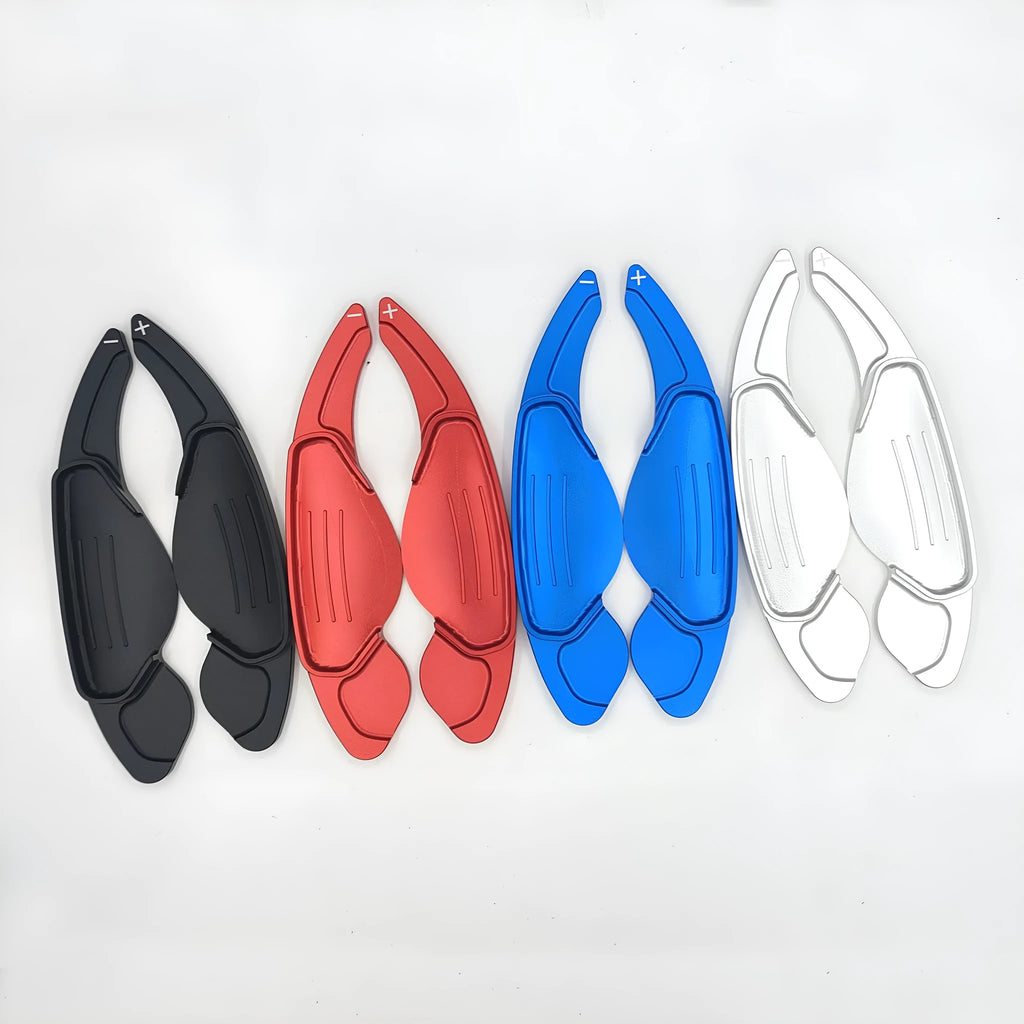 Set of aluminium alloy shift paddles for Jaguar steering wheel in black blue red and silver colours