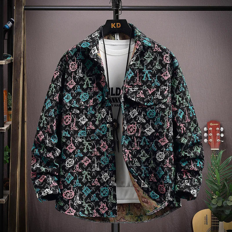 Casual lapel shirt coat in polyester fibre, shown in a colour option like blue or black, with long sleeves and a straight hem.