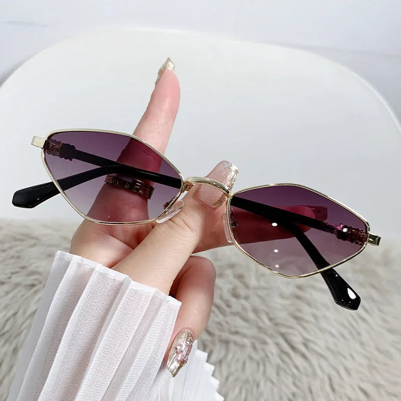 Small metal frame cat eye sunglasses with rhombus design in gold frame with various lens colour options