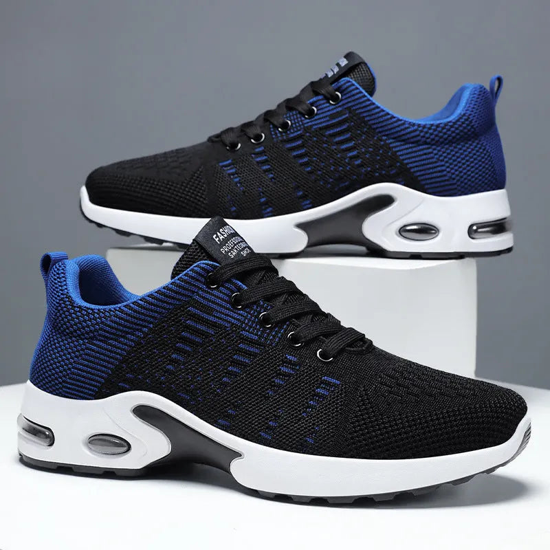 Men's black and gray Flyknit mesh casual sneakers with flat sole and lace-up front