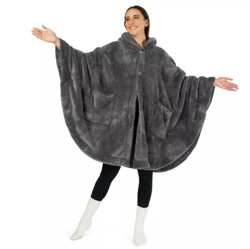 A thick pink hooded bathrobe with long sleeves and a cardigan-style front on a hanger.