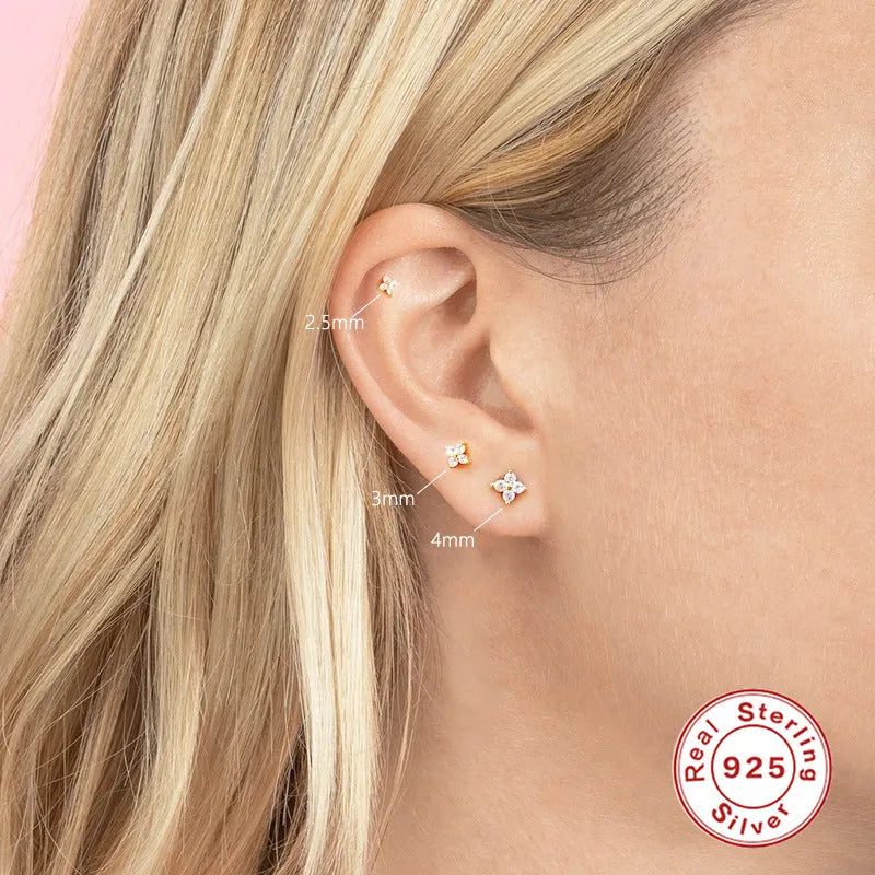 S925 sterling silver stud earrings with geometric petal crystal flower designs in golden or platinum colour
