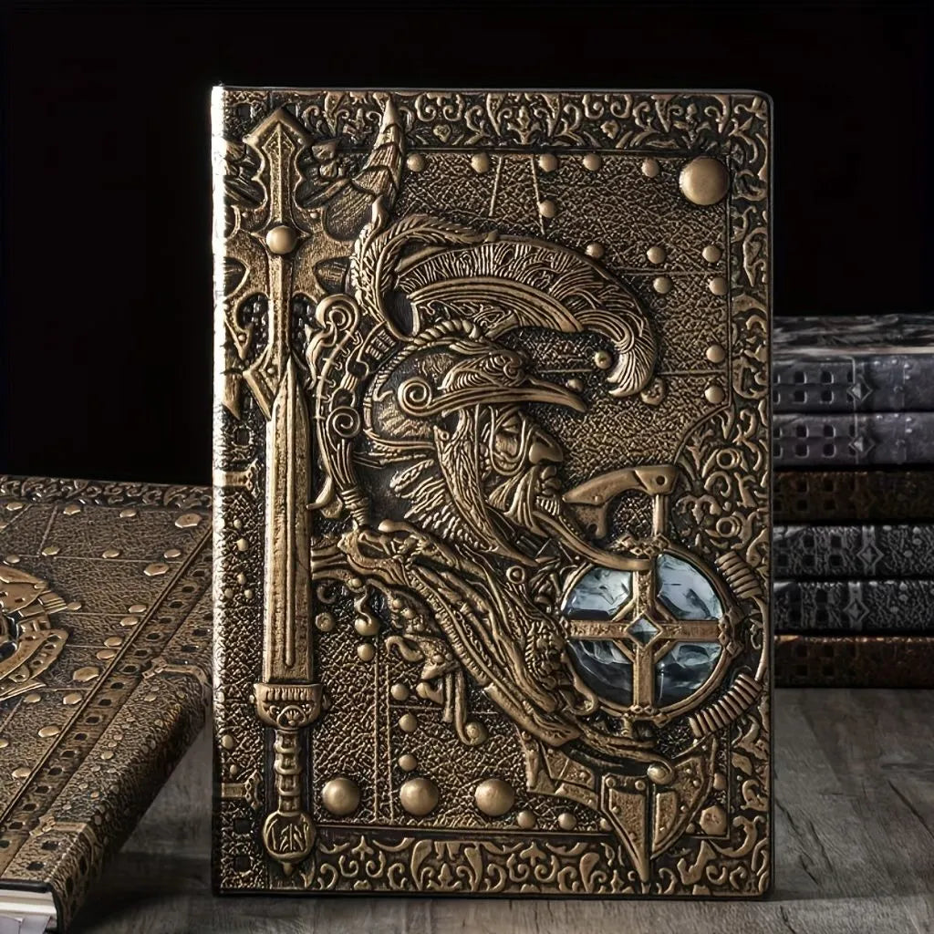A5 leather notebook with embossed 3D warriors relief design on the cover