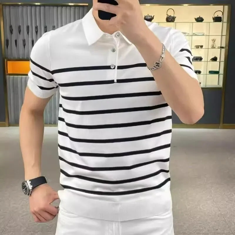 Black and white striped lapel pullover T-shirt laid flat, non-ironing polyester blend fabric.
