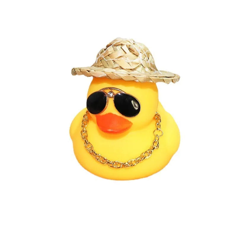 Yellow cartoon duck car ornament wearing straw hat with adhesive base and sunglasses necklace accessory