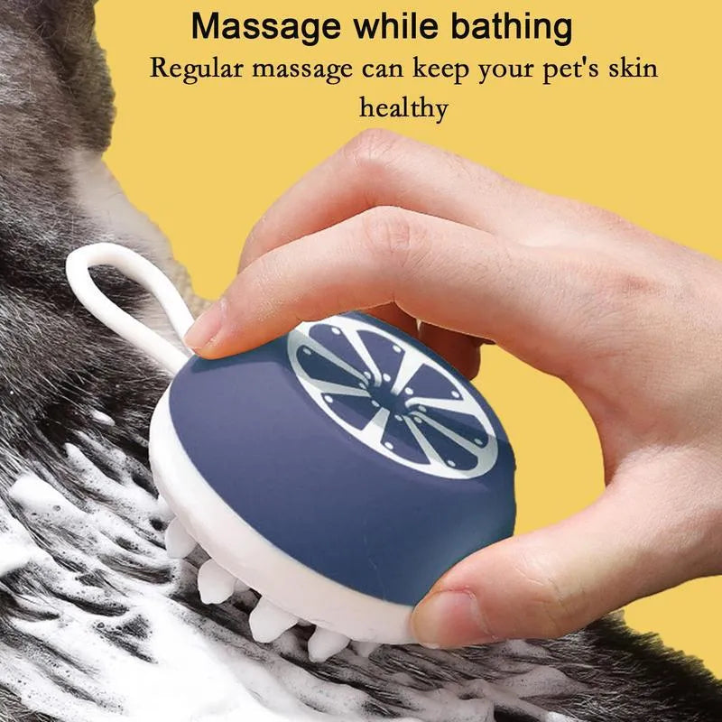 Blue dog shampoo brush with silicone massage points on head and ergonomic handle for bath time washing.