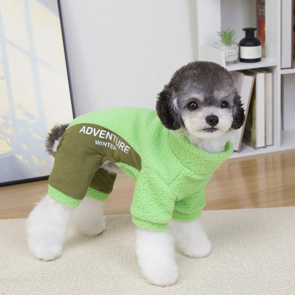 Dog wearing a four-legged thickened polyester winter coat in green, standing on a plain background