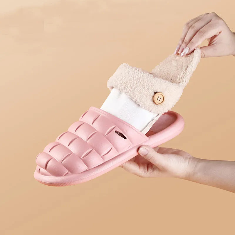 Plaid detachable EVA house slippers for women with plush lining, shown in pink.