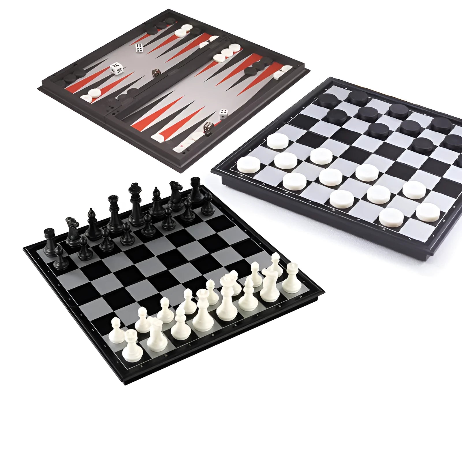 Three-in-one magnetic chess checkers backgammon set with plastic board and ABS pieces