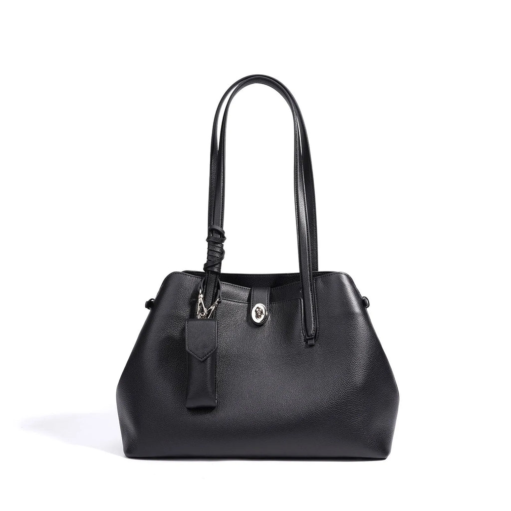 Large capacity genuine leather bucket bag for women in elephant grey or black with top grain cowhide and inner pockets