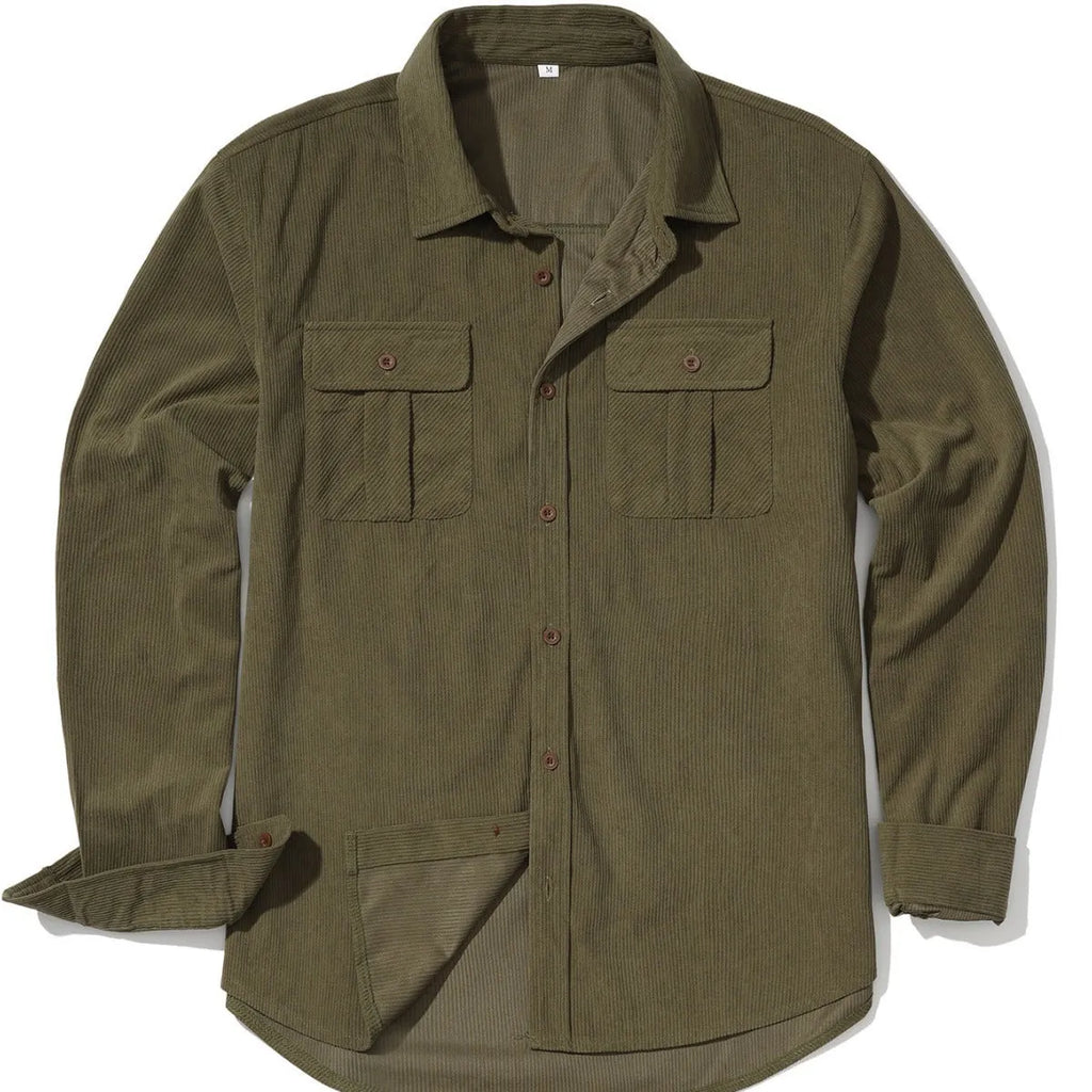 Man wearing a loose-fit Army Green corduroy shirt in Japanese retro style with long sleeves.