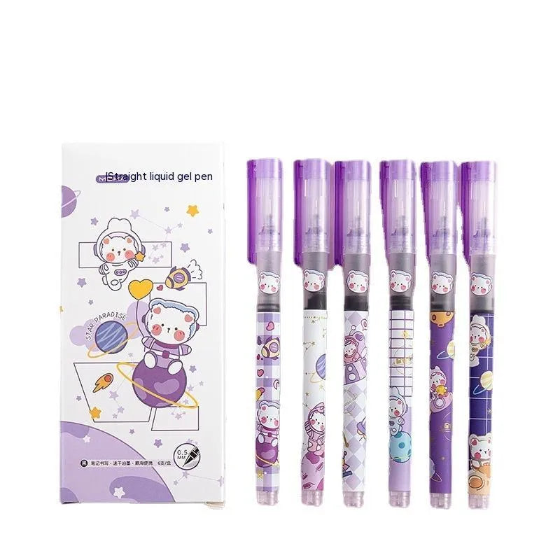 Box of six cute cartoon straight-liquid quick-drying gel pens with plastic shell and Marvel series designs