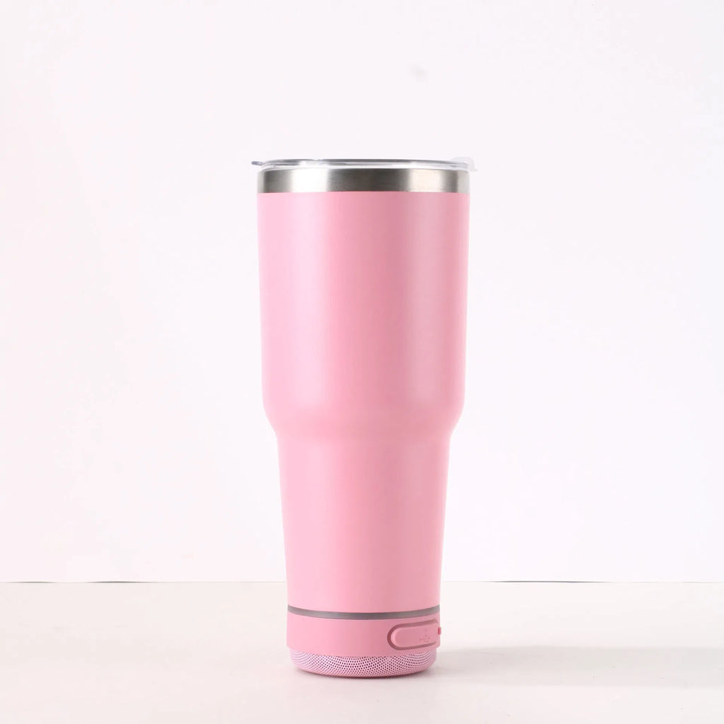 30oz Bluetooth Audio Cup in pink with 304 stainless steel insulation, showing speaker and drink opening
