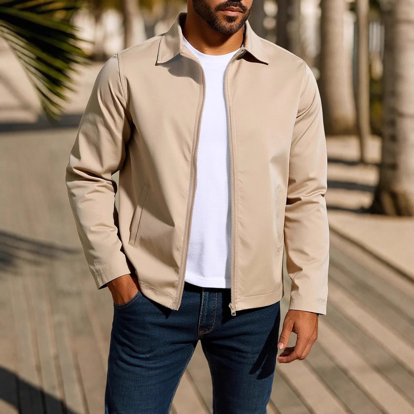 Man wearing a green zip-up cardigan jacket with raglan sleeves on a casual day out.
