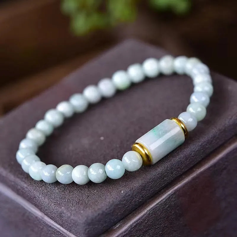 Natural Myanmar jade round ice stone bracelet in emerald green with geometric ethnic style design