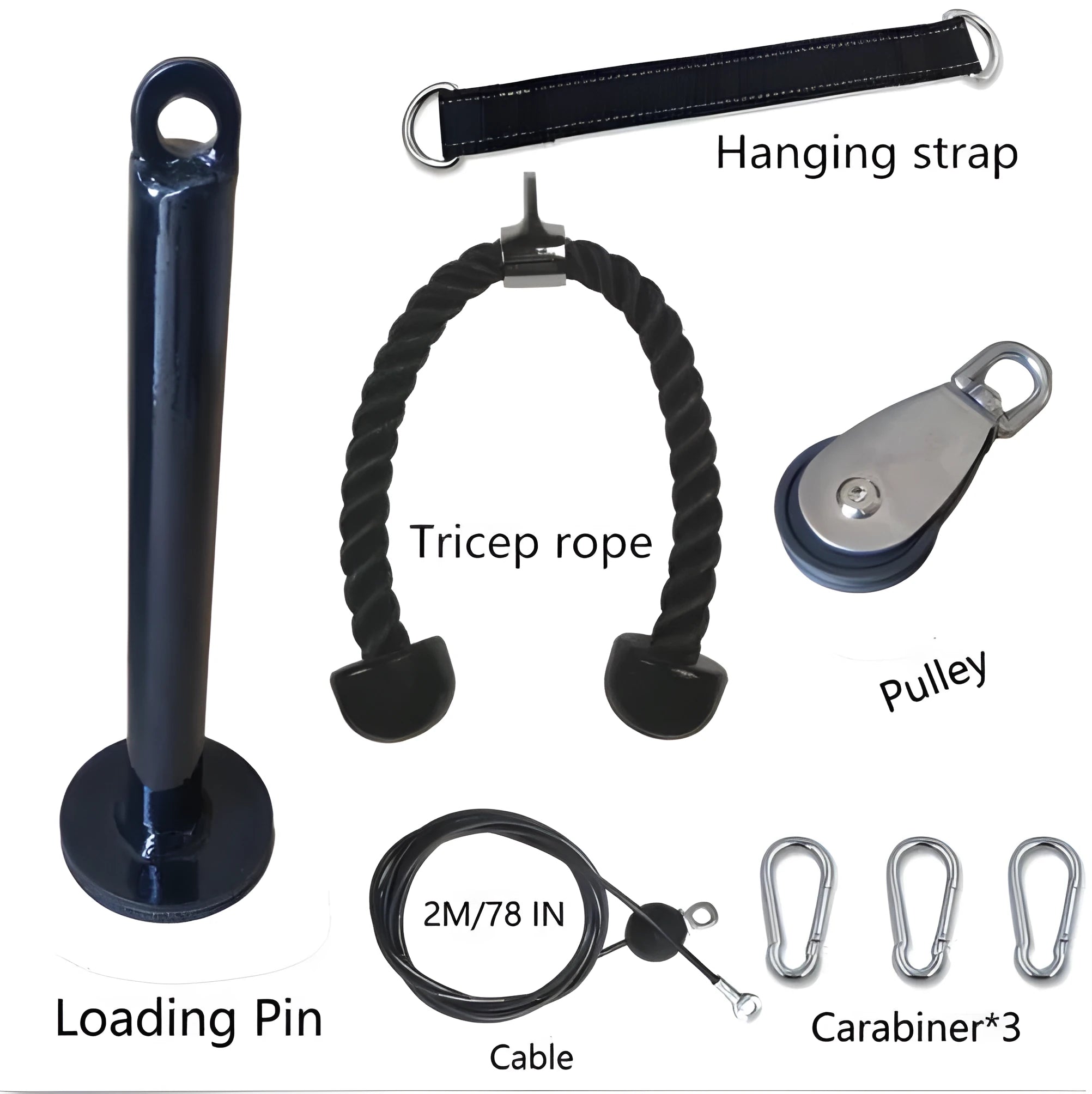 Portable fitness equipment set with pulley rope in black for arm strength and triceps, packaged in 36x14x8cm neutral carton