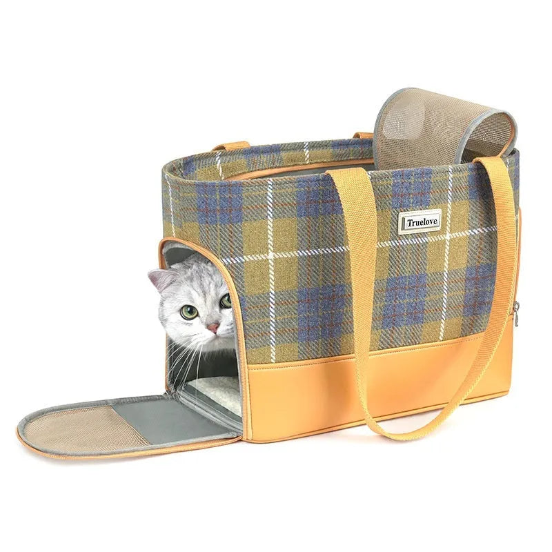 Capsule-shaped pet backpack with mesh windows in beige brown colour