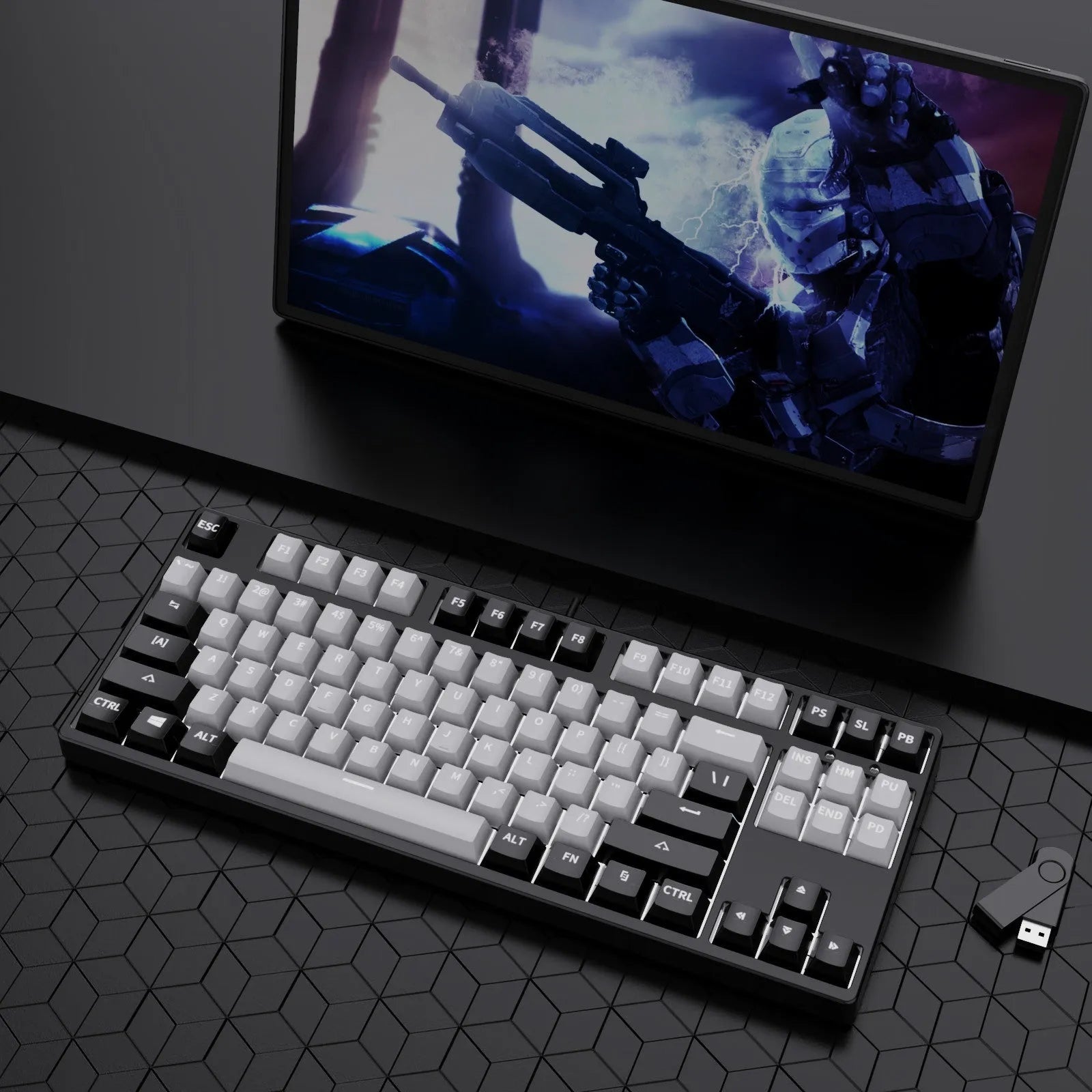 87-key wired mechanical gaming keyboard with hot-swappable switches in dual-colour keycap configuration