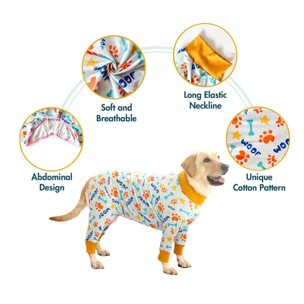 Cotton dog jumpsuit pet clothing in a printed pattern, shown in one of 42 available colours, sized for a small to medium dog.