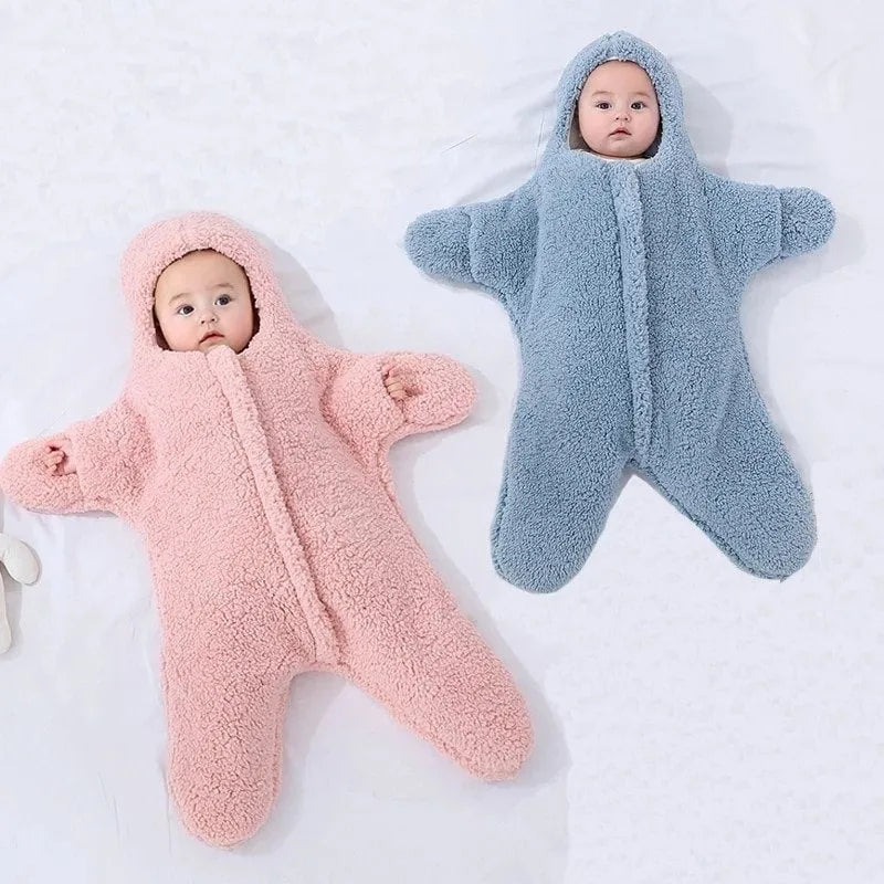 Baby sleeping bag with hood in cashmere and cotton, showing zipper and cuffs.