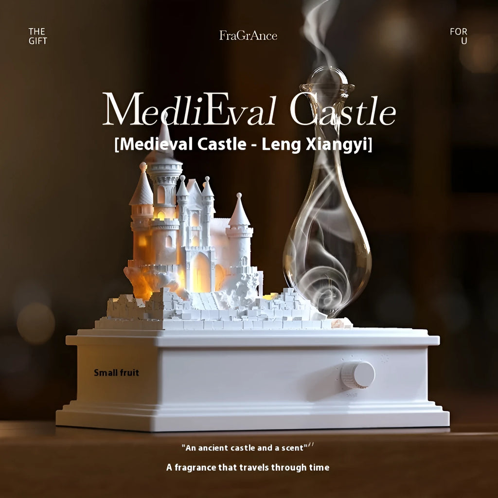 White Medieval Castle waterless aromatherapy machine ornament with ambient light on a table.