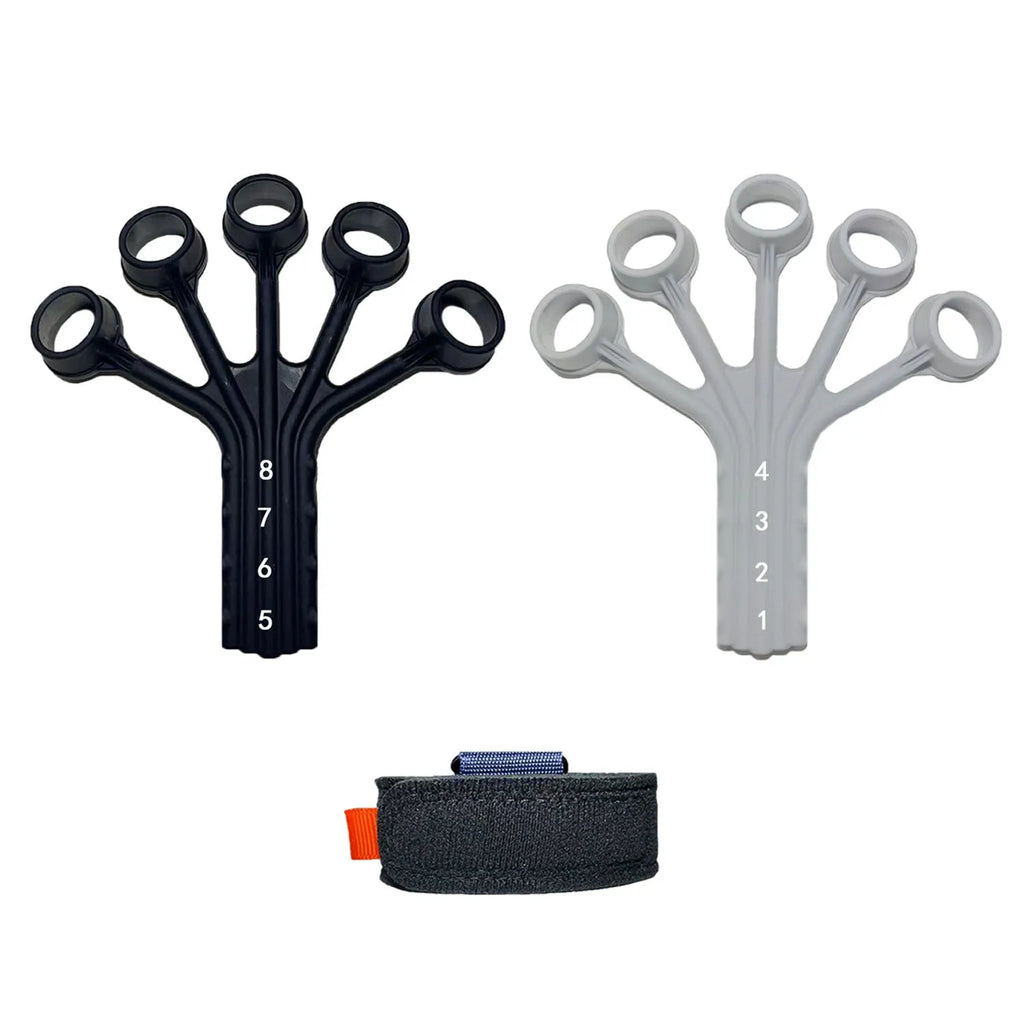 Black and grey silicone finger flexion trainer with adjustable abdominal tension belt.
