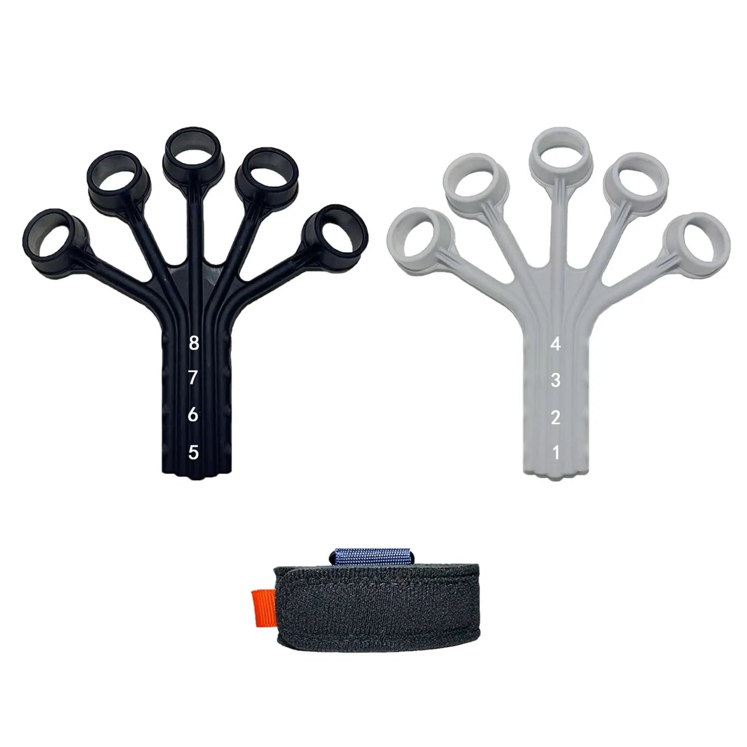 Black and grey silicone finger flexion trainer with adjustable abdominal tension belt.